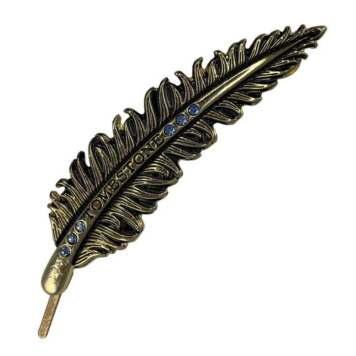 Pluma de Metal Oro Viejo con Piedras Azules