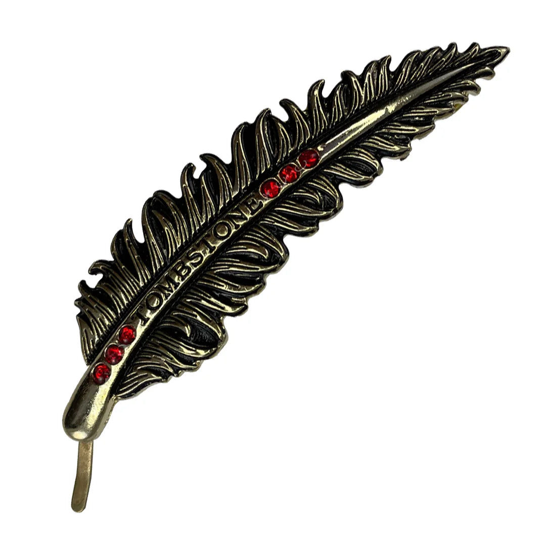 Pluma de Metal Oro Viejo con Piedras Rojas